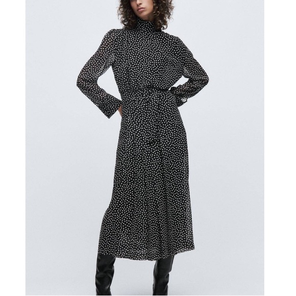 Zara Dresses & Skirts - NEW Zara Polka Dot Belted Long Sleeve High Neck Maxi Dress M